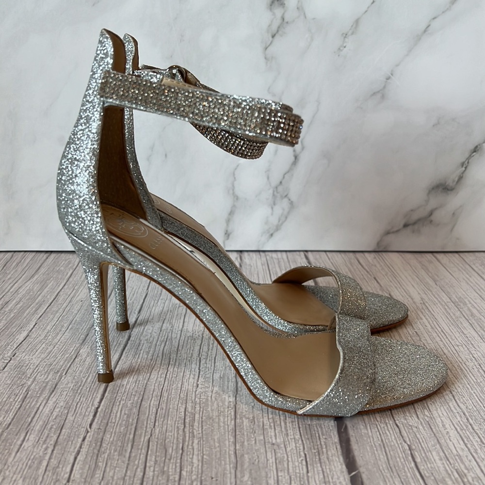 Guess Silver Jewel Ankle Straps Open Toe Heels (8) - Picture 5 of 9